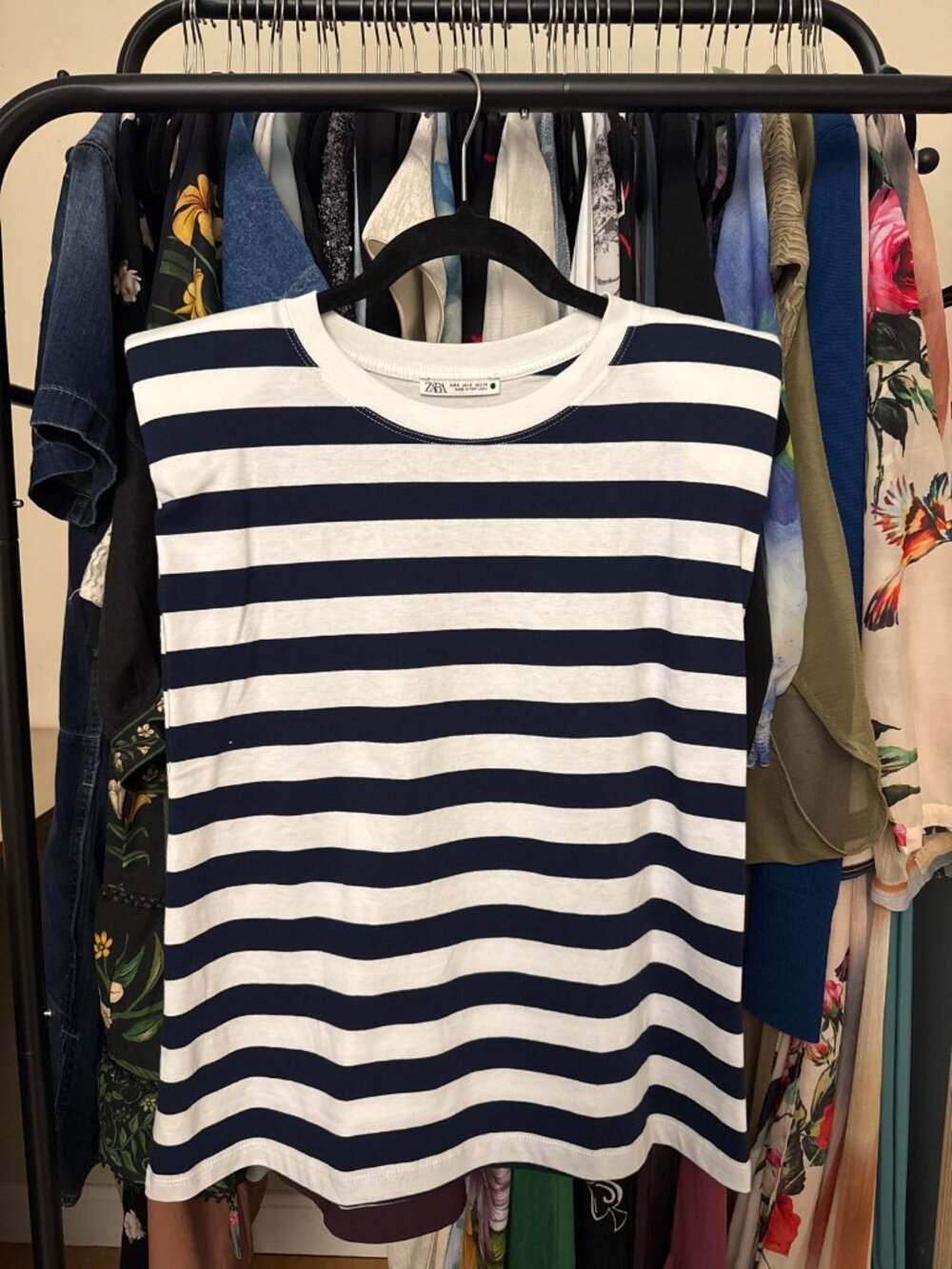 Zara Navy White Striped Breton T-Shirt Short Sleeve — Size S